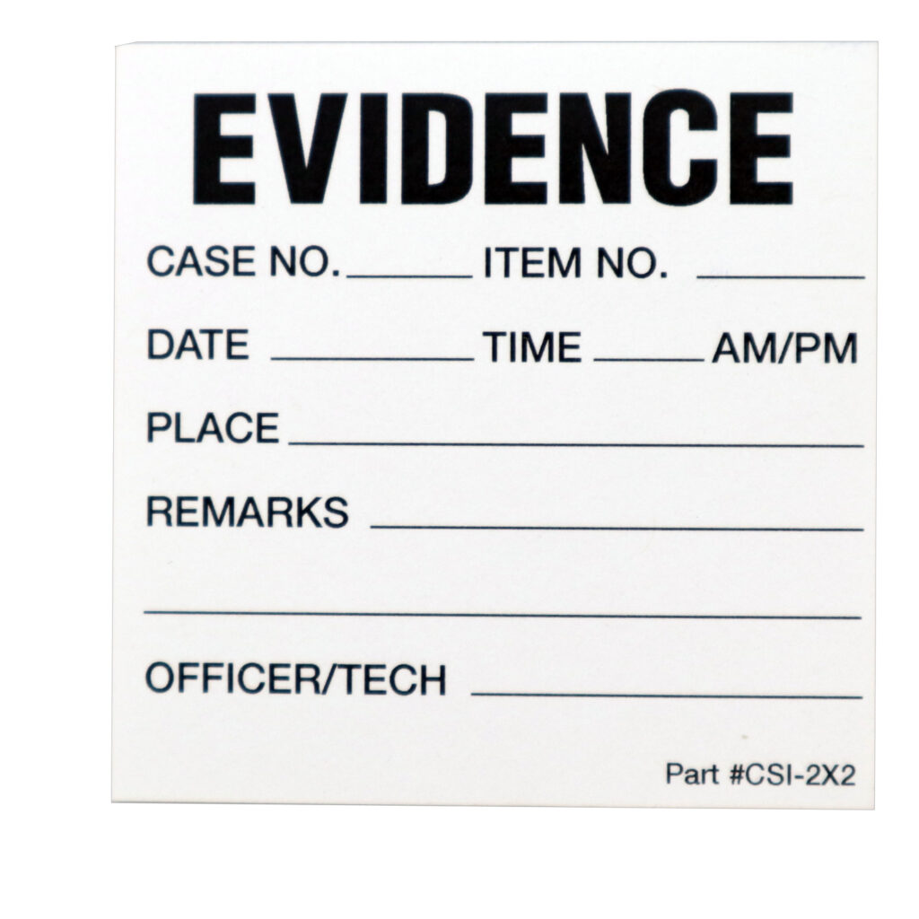 Small evidence label with fields to complete for identification