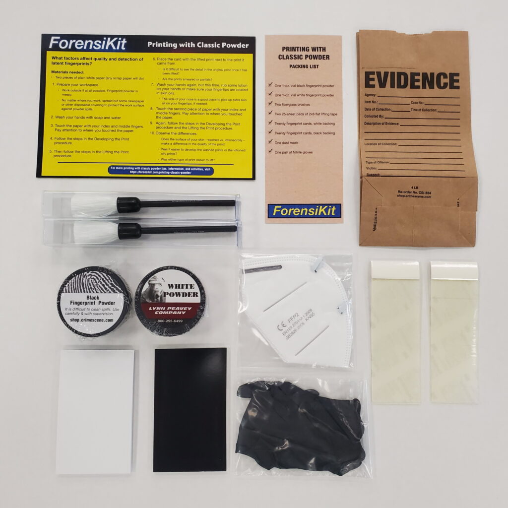 Contents of the ForensiKit by Crime Scene - Printing with Classic Powder box