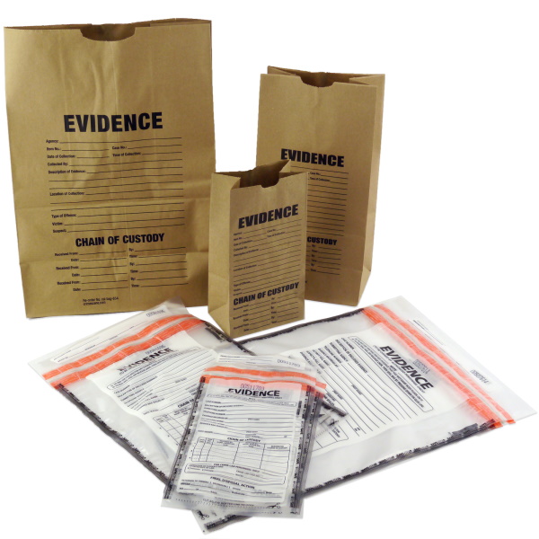 Array of paper and plastic evidence bags