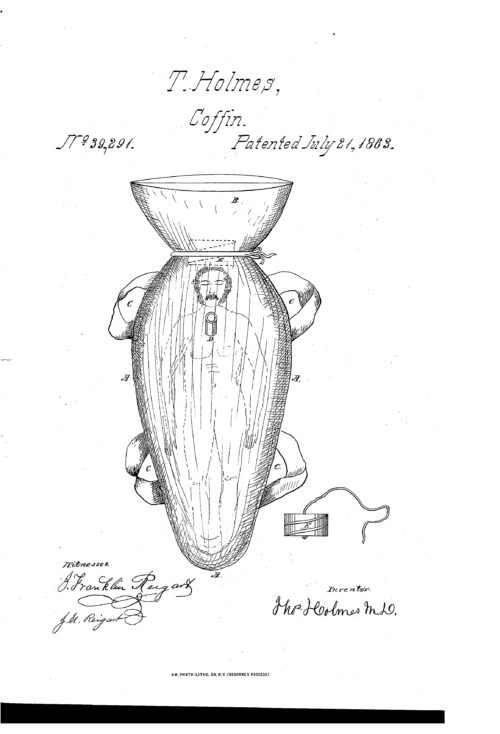 Drawing of a body bag accompanying U.S. Patent US39291A in 1863